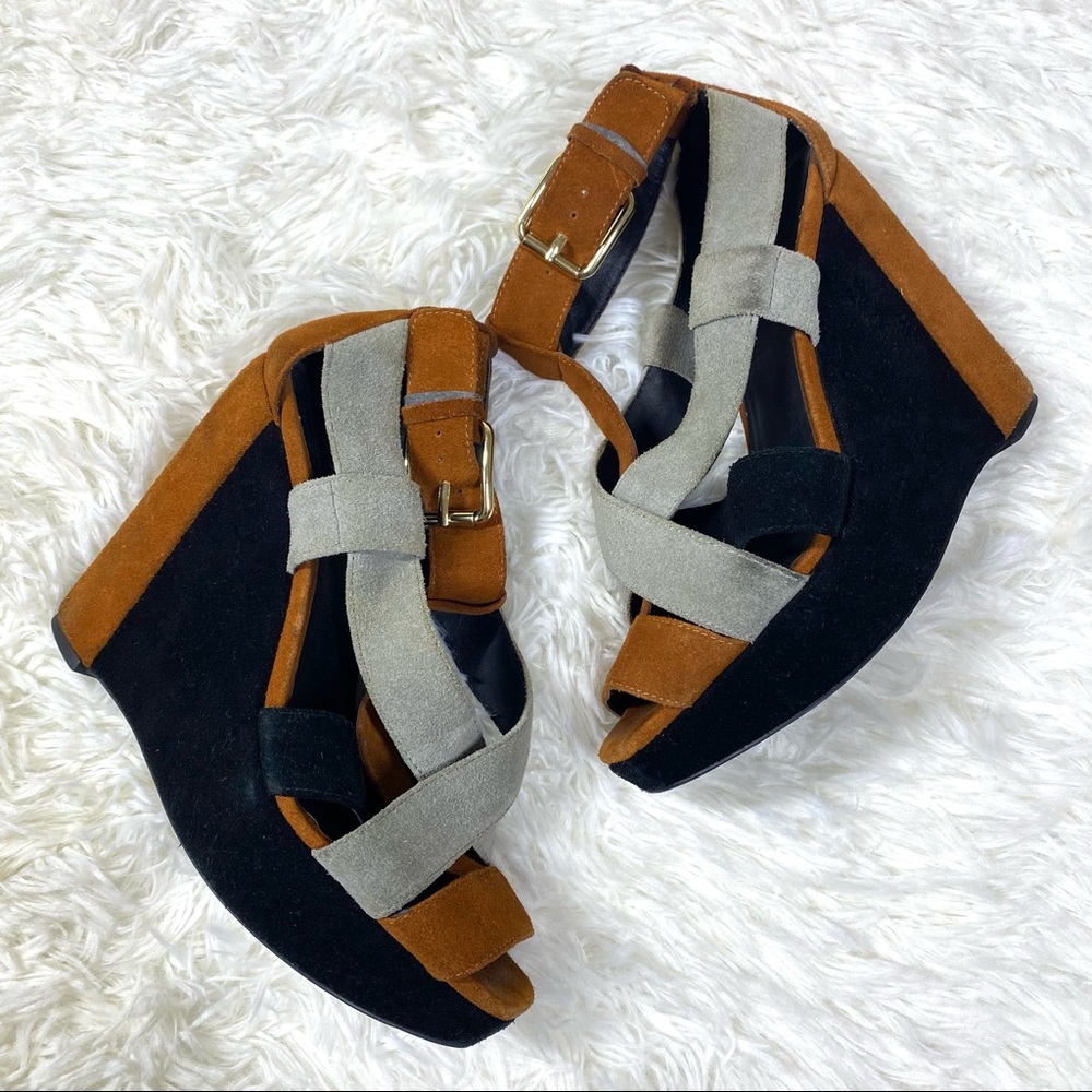 Pour La Victoire Suede Black Brown Strappy Peep Toe Sandal Wedge Heels Size 7.5